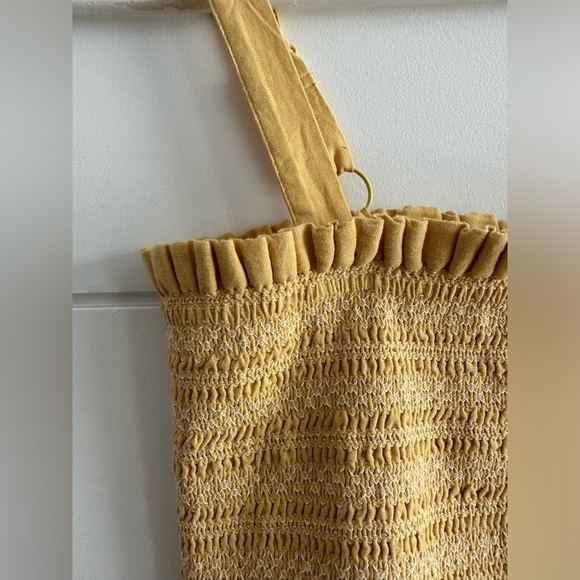 Linen Smocked Knee Length Dress - Yellow/ White Size: Estimate XS/S - Picture 3 of 14